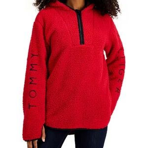 New Tommy Hilfiger Sherpa Quarter-Zip Hoodie Red XXL